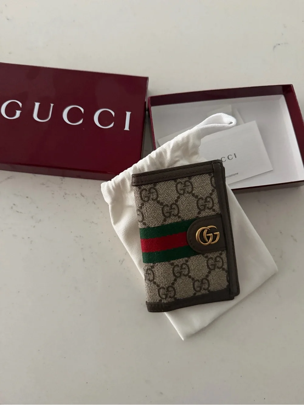 Gucci GG Supreme Card Case with Green/Red Web and Gold GG
